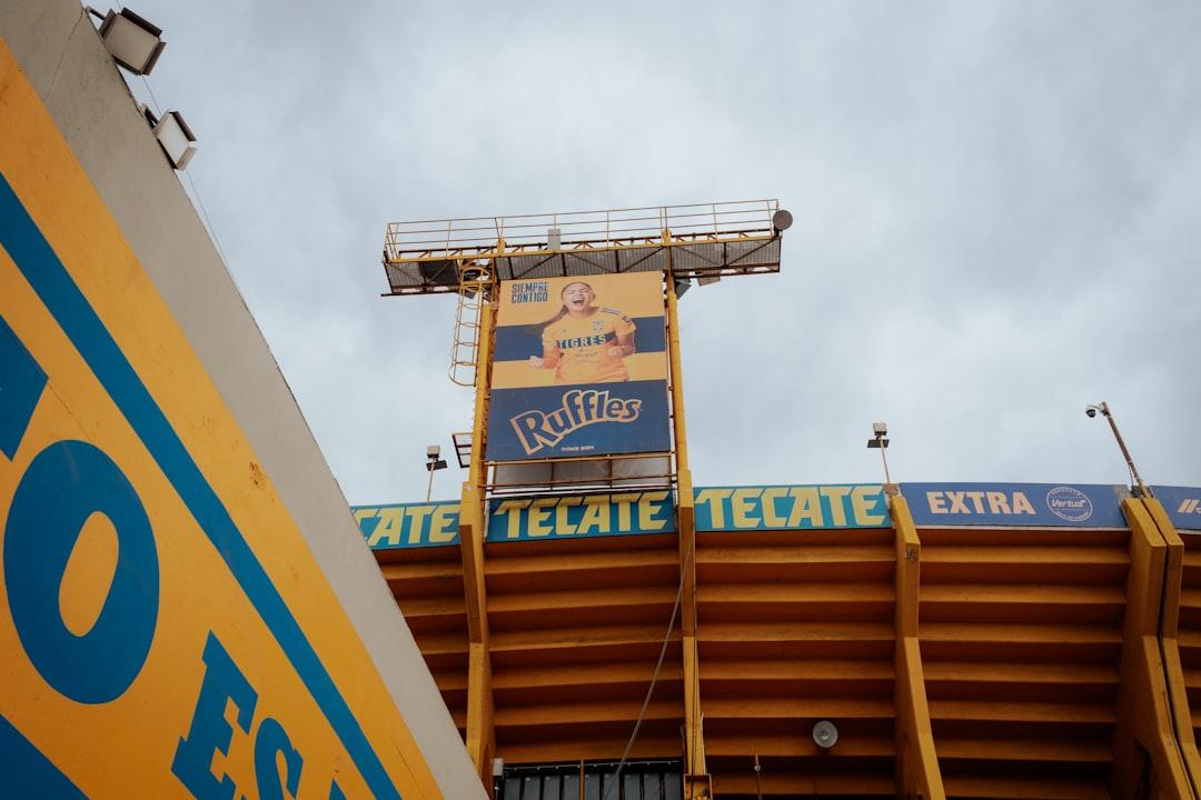 A stadium sign viewed from below
