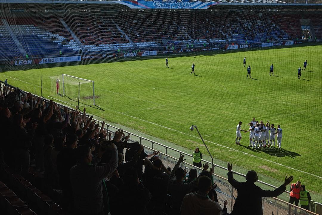 Soccer players celebrate on a grassy field with cheering fans