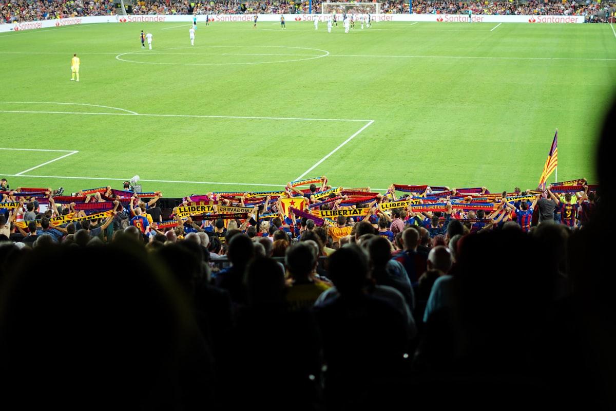 Fans cheering in a stadium during a live soccer match