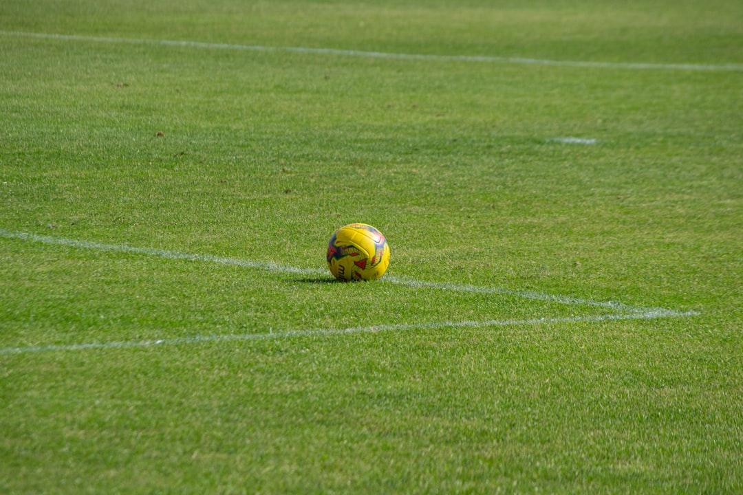 A soccer ball resting on a green pitch