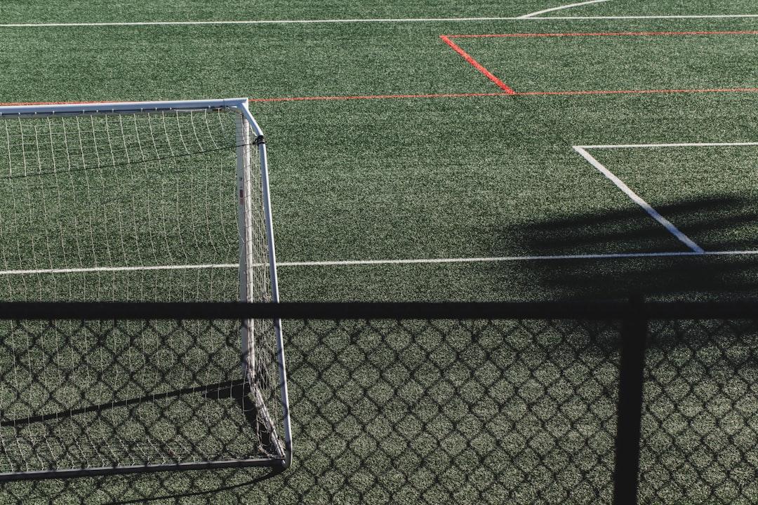 A soccer pitch viewed from above, showing tactical spacing