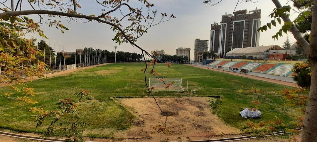 A soccer field with a goal in the middle, seen from above